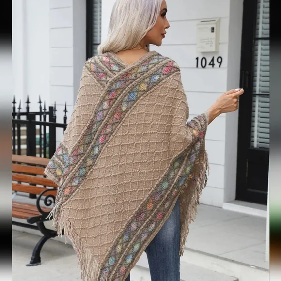 Beige Knit Poncho with Multicolor Accents OS - Picture 8 of 8